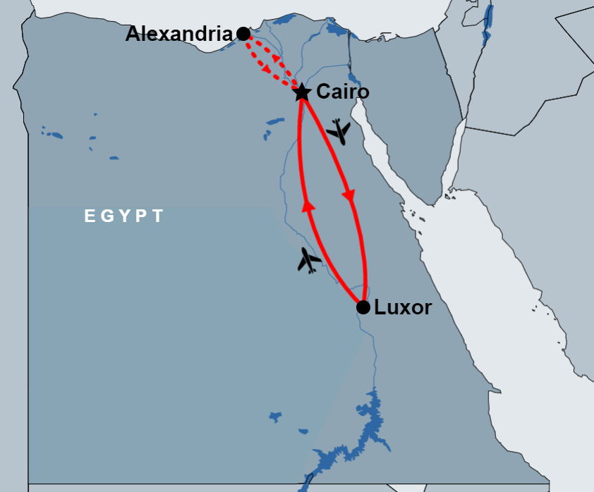 6 Day Cairo, Alexandria and Luxor Tour route map